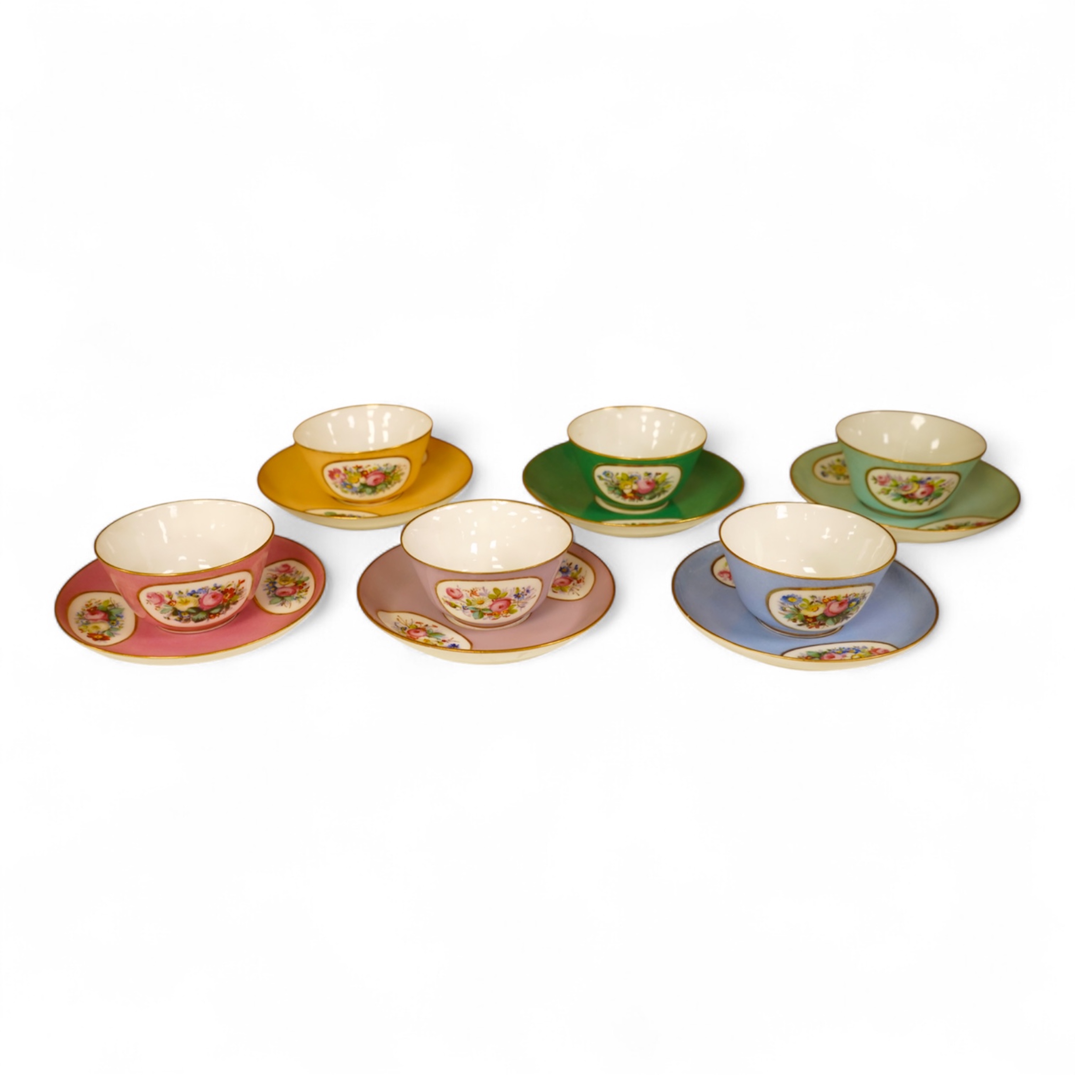 A Sevres style harlequin tea service for six, each saucer 13cm in diameter
